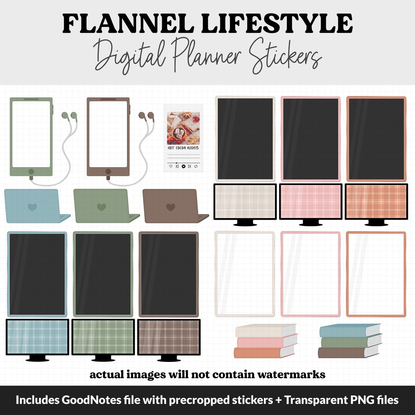 Flannel Lifestyle Add-On Digital Stickers | GoodNotes & iPad | TV, Playlist, Travel, Reading, Work, Groceries