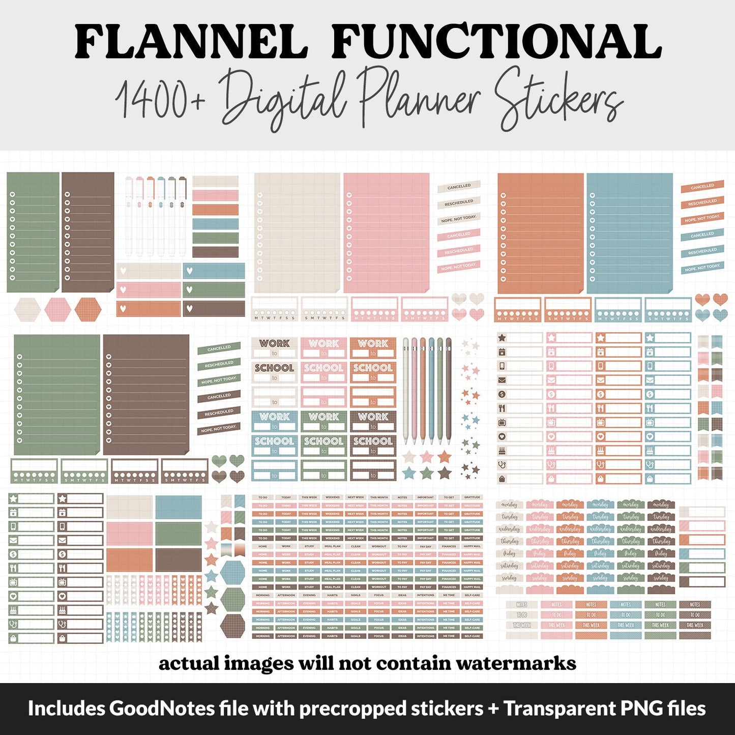 Flannel Functional Digital Sticker Set | GoodNotes, iPad & Android | Papers, Sticky Notes, Chores, Work, Adulting, Tasks, Dates