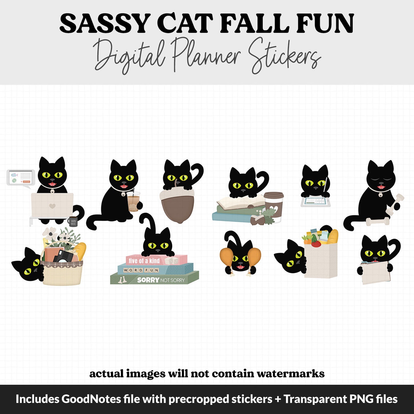 Sassy Cat Fall Fun Digital Stickers | GoodNotes, iPad and Android | Household, Chores, Funny, Feline, Adulting