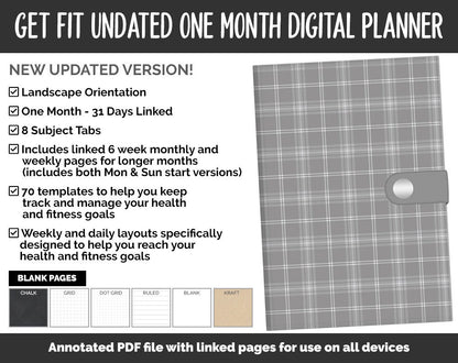 Undated Get Fit One Month Digital Planner | Gray Flannel Theme | GoodNotes, iPad & Android | Fitness, Self-Care, Health, Workout