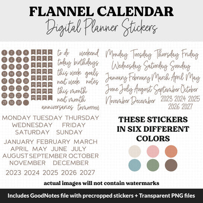 Flannel Calendar Essentials Digital Planner Stickers | GoodNotes, iPad and Android | Dates, Days of the Week, Months