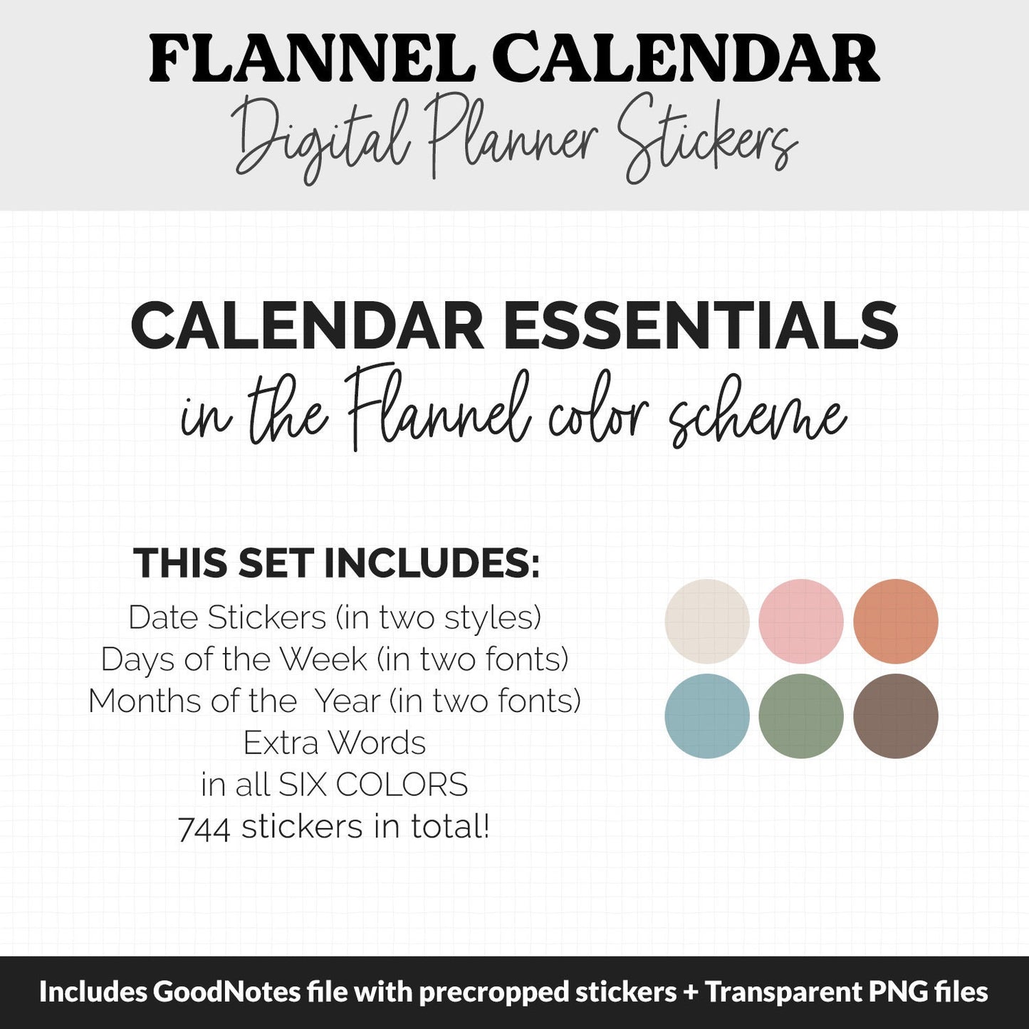 Flannel Calendar Essentials Digital Planner Stickers | GoodNotes, iPad and Android | Dates, Days of the Week, Months
