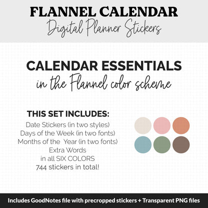 Flannel Calendar Essentials Digital Planner Stickers | GoodNotes, iPad and Android | Dates, Days of the Week, Months