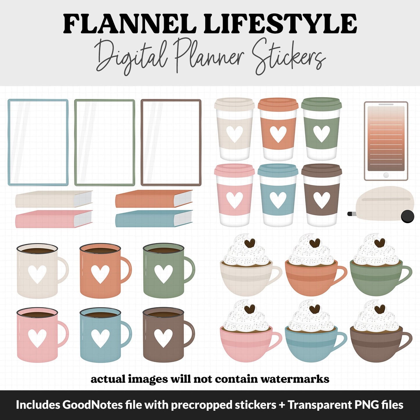 Flannel Lifestyle Add-On Digital Stickers | GoodNotes & iPad | TV, Playlist, Travel, Reading, Work, Groceries