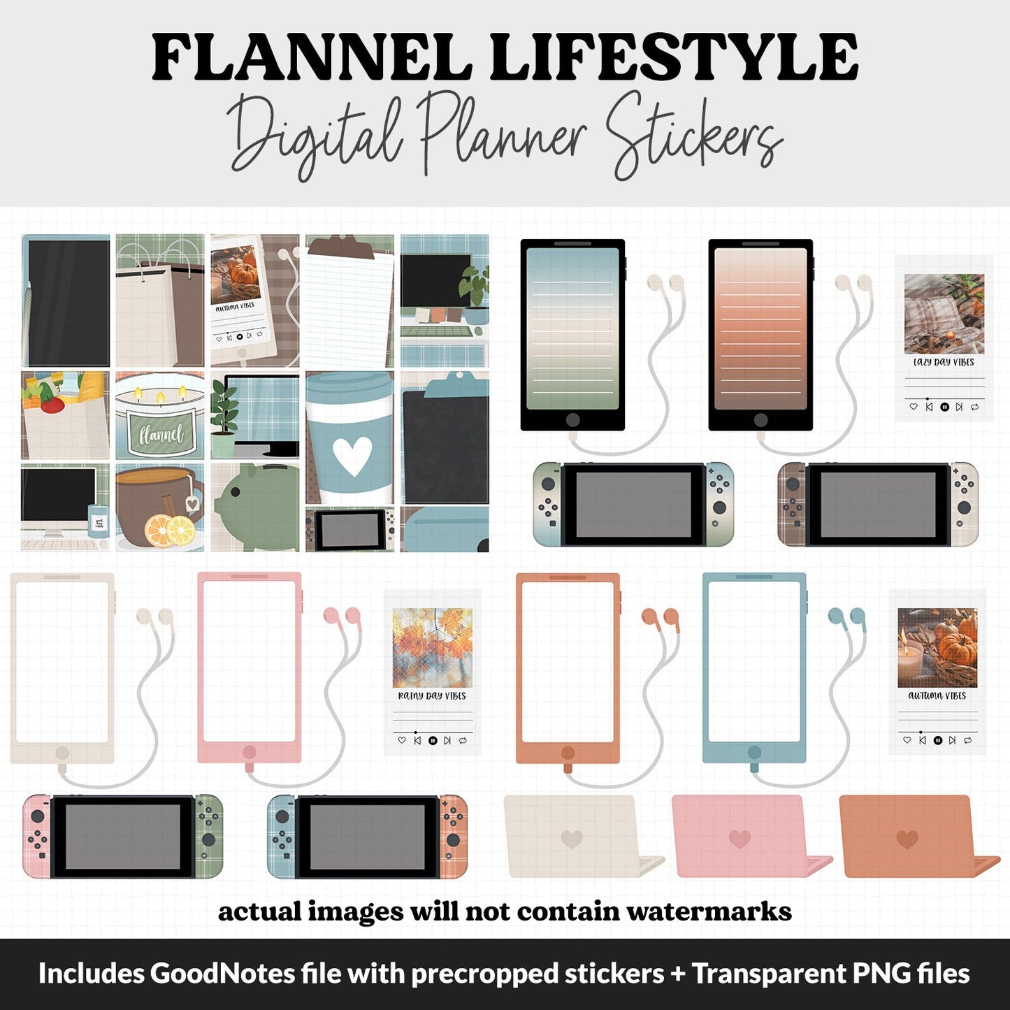 Flannel Lifestyle Add-On Digital Stickers | GoodNotes & iPad | TV, Playlist, Travel, Reading, Work, Groceries