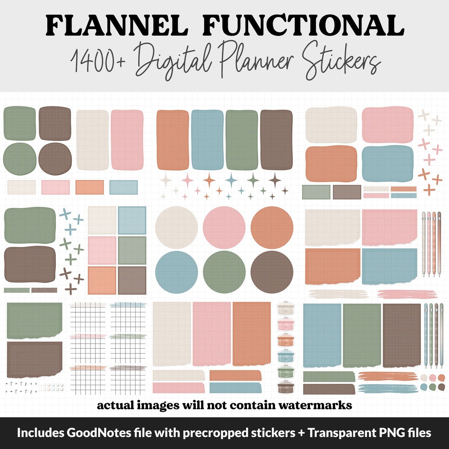 Flannel Functional Digital Sticker Set | GoodNotes, iPad & Android | Papers, Sticky Notes, Chores, Work, Adulting, Tasks, Dates