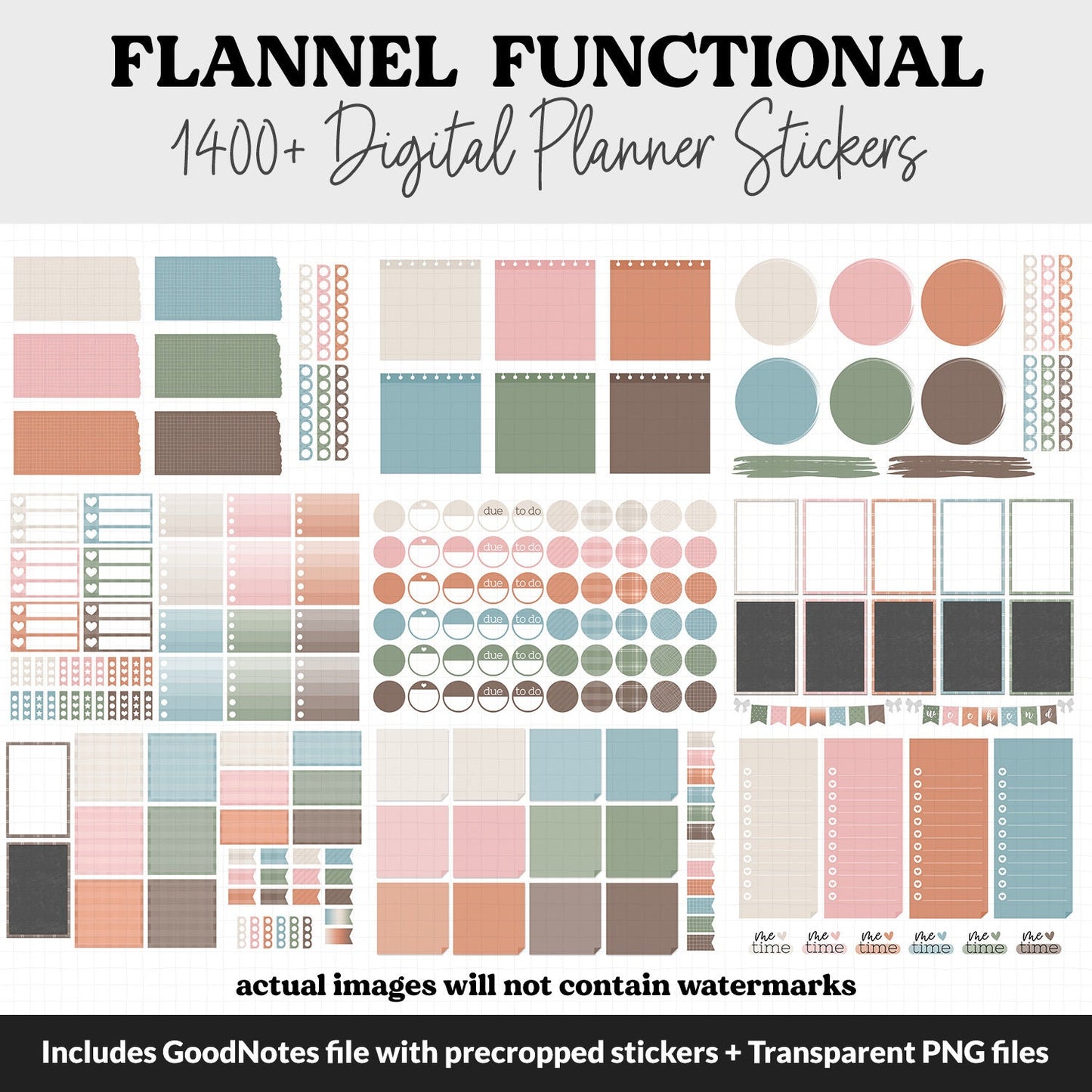 Flannel Functional Digital Sticker Set | GoodNotes, iPad & Android | Papers, Sticky Notes, Chores, Work, Adulting, Tasks, Dates