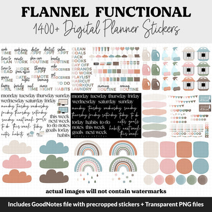 Flannel Functional Digital Sticker Set | GoodNotes, iPad & Android | Papers, Sticky Notes, Chores, Work, Adulting, Tasks, Dates