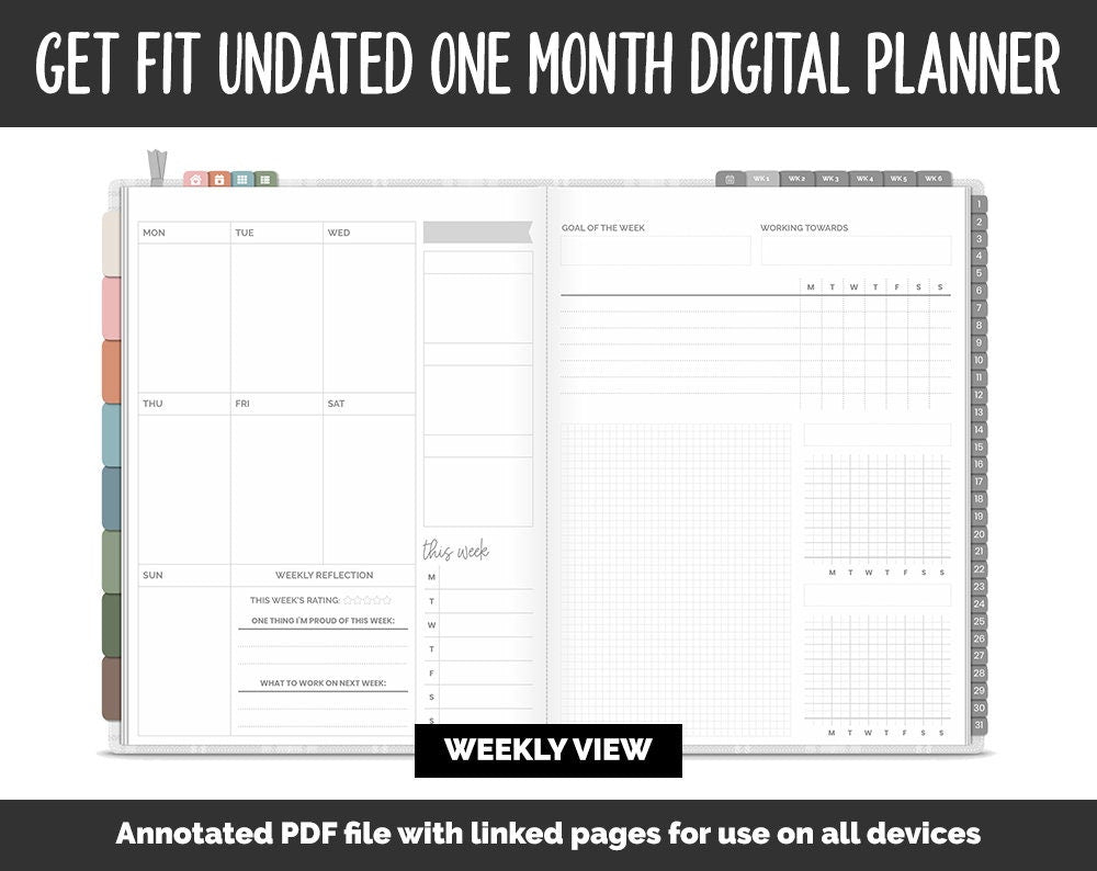 Undated Get Fit One Month Digital Planner | Flannel Theme | GoodNotes, iPad & Android | Fitness, Self-Care, Health, Workout