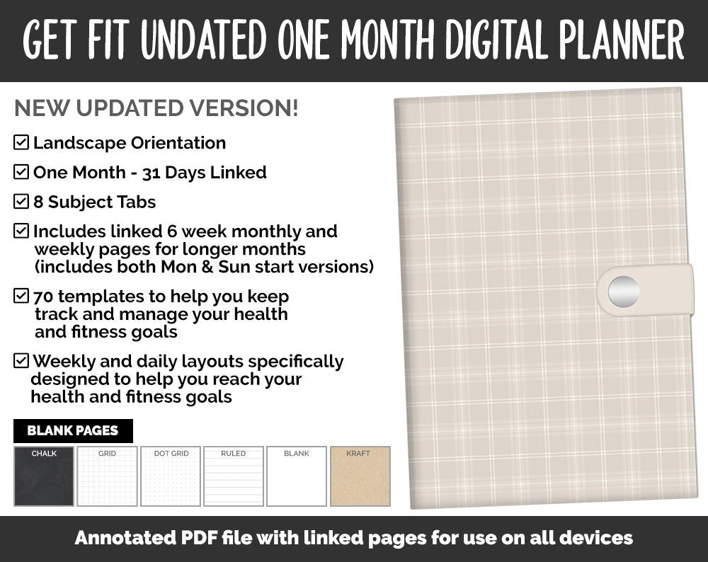 Undated Get Fit One Month Digital Planner | Flannel Theme | GoodNotes, iPad & Android | Fitness, Self-Care, Health, Workout