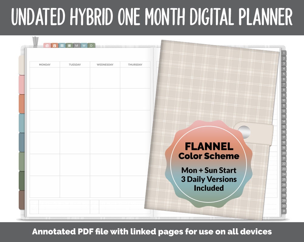 Undated Hybrid One Month Digital Planner | Flannel Theme | GoodNotes, iPad & Android