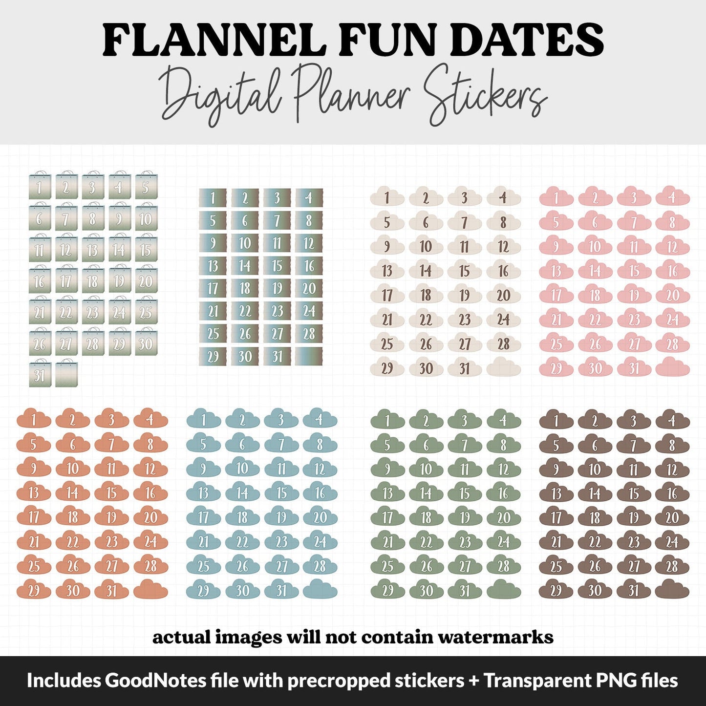 Flannel Fun Calendar Date Digital Stickers | GoodNotes, iPad and Android