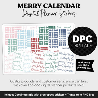 Merry Calendar Essentials Digital Planner Stickers | GoodNotes, iPad and Android | Dates, Days of the Week, Months