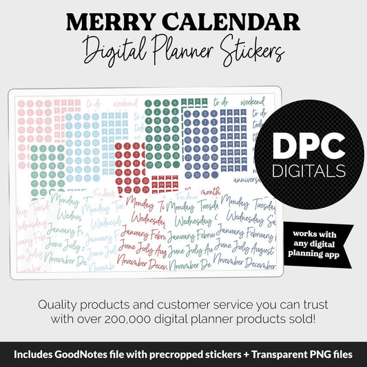 Merry Calendar Essentials Digital Planner Stickers | GoodNotes, iPad and Android | Dates, Days of the Week, Months