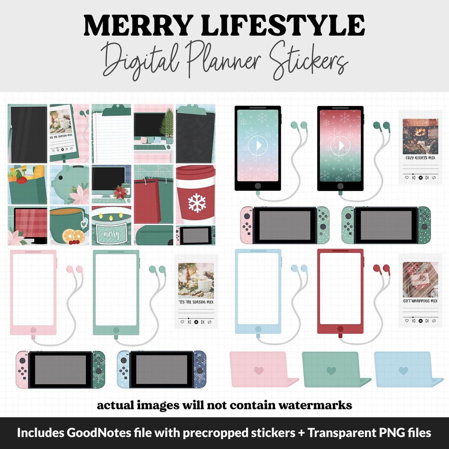 Merry Lifestyle Add-On Digital Stickers | GoodNotes & iPad | TV, Playlist, Travel, Reading, Work, Groceries