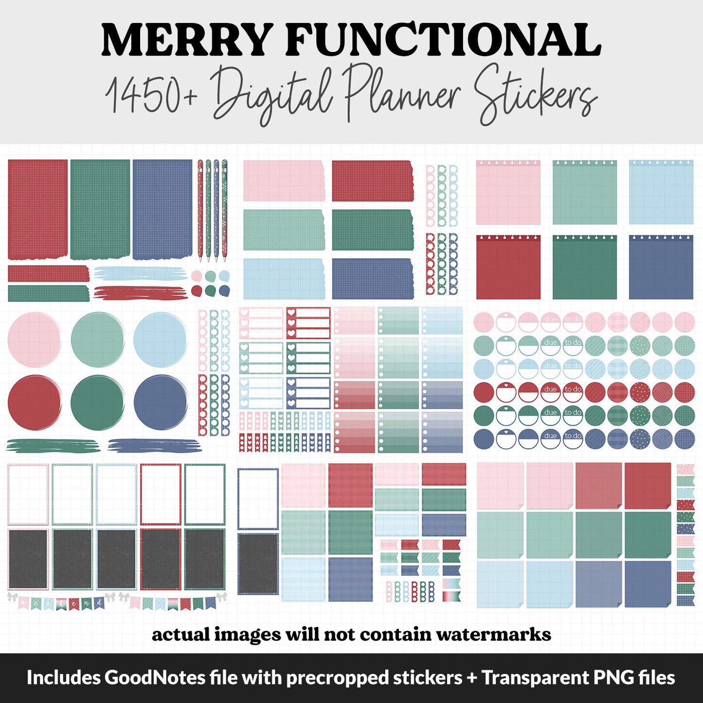 Merry Functional Digital Sticker Set | GoodNotes, iPad & Android | Papers, Sticky Notes, Chores, Work, Adulting, Tasks, Dates