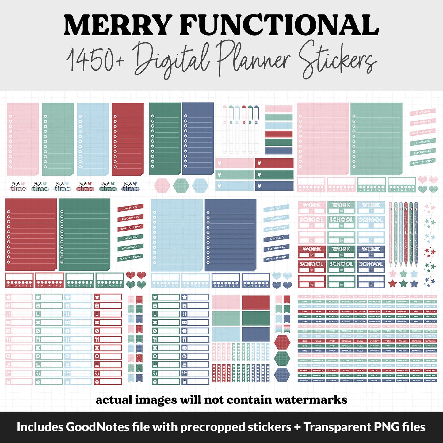Merry Functional Digital Sticker Set | GoodNotes, iPad & Android | Papers, Sticky Notes, Chores, Work, Adulting, Tasks, Dates