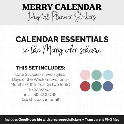 Merry Calendar Essentials Digital Planner Stickers | GoodNotes, iPad and Android | Dates, Days of the Week, Months