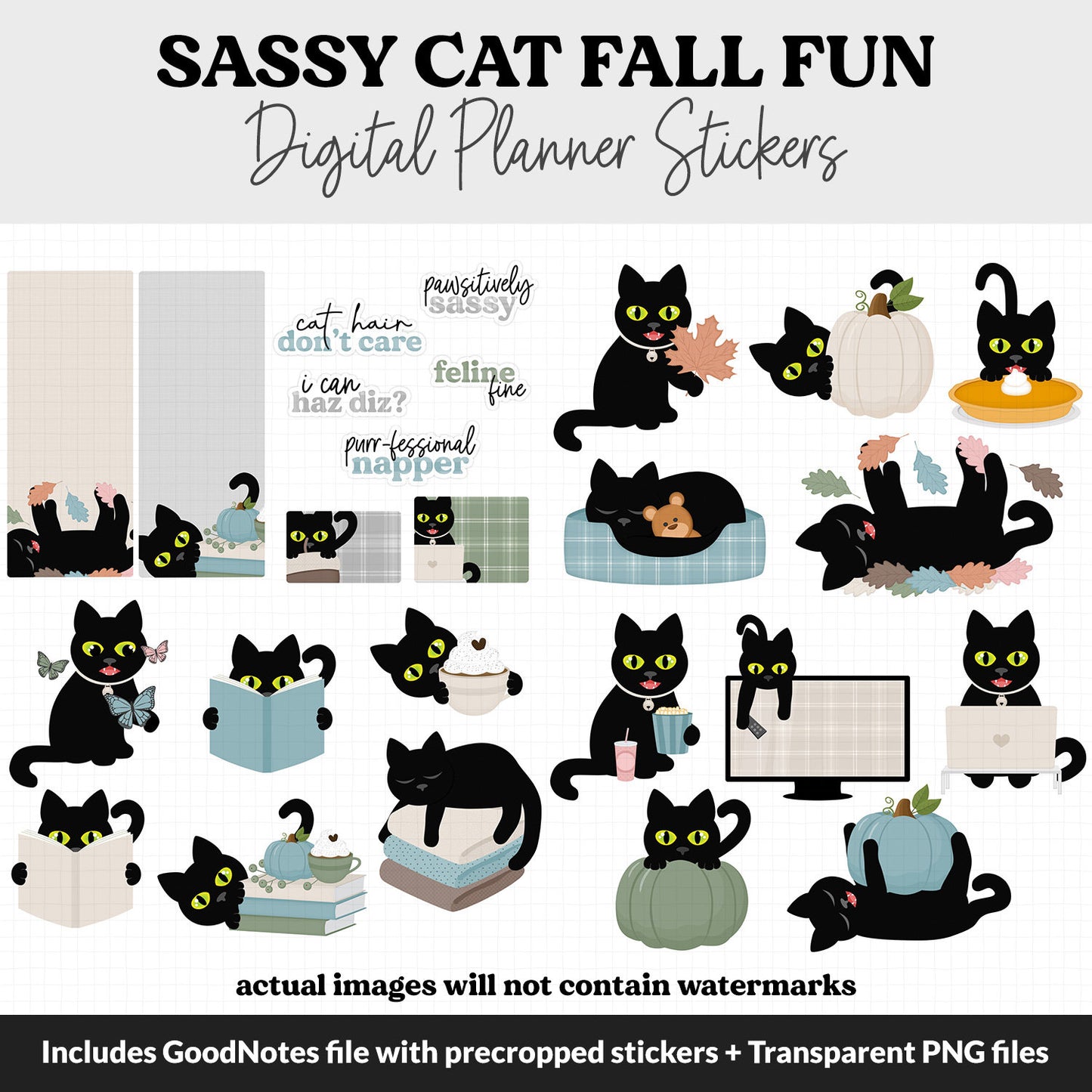 Sassy Cat Fall Fun Digital Stickers | GoodNotes, iPad and Android | Household, Chores, Funny, Feline, Adulting