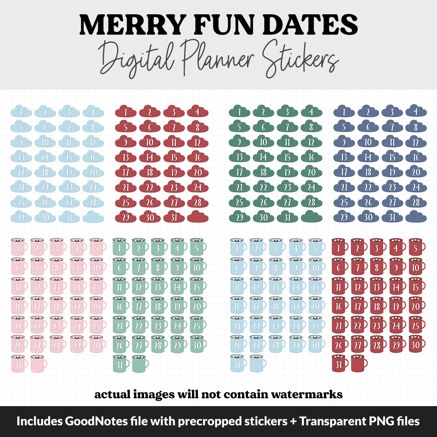 Merry Fun Calendar Date Digital Stickers | GoodNotes, iPad and Android