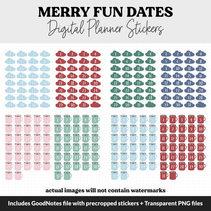 Merry Fun Calendar Date Digital Stickers | GoodNotes, iPad and Android