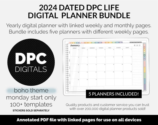 BUNDLE! 2024 Dated DPC Life Digital Planner | Boho | GoodNotes, iPad & Android | Landscape