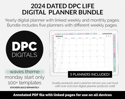 BUNDLE! 2024 Dated DPC Life Digital Planner | Waves | GoodNotes, iPad & Android | Landscape