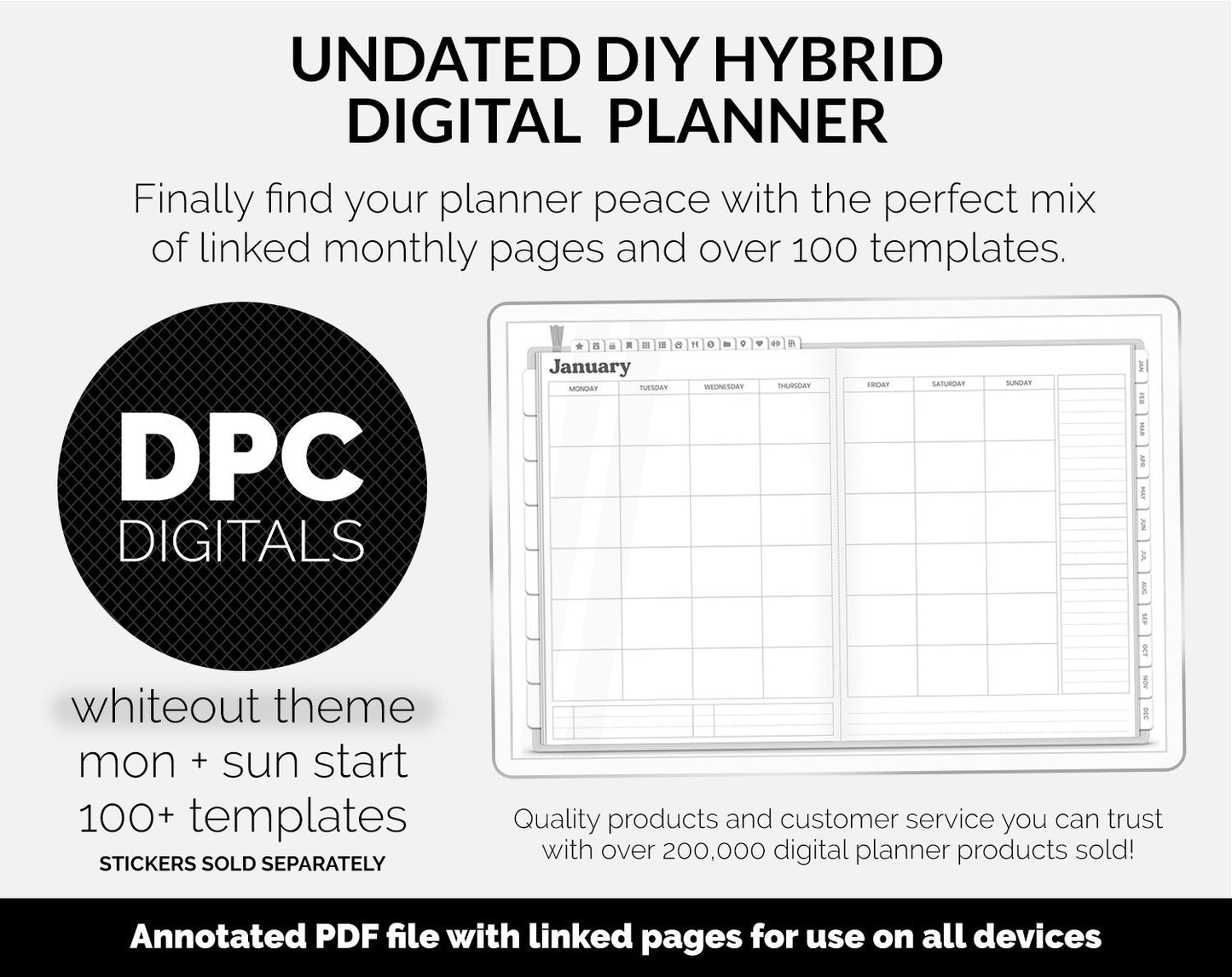 Undated DIY Hybrid Digital Planner | Whiteout | GoodNotes, iPad & Android
