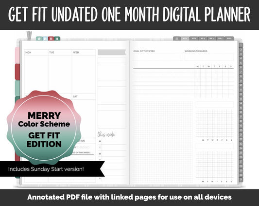 Undated Get Fit One Month Digital Planner | Merry Theme | GoodNotes, iPad & Android | Fitness, Self-Care, Health, Workout