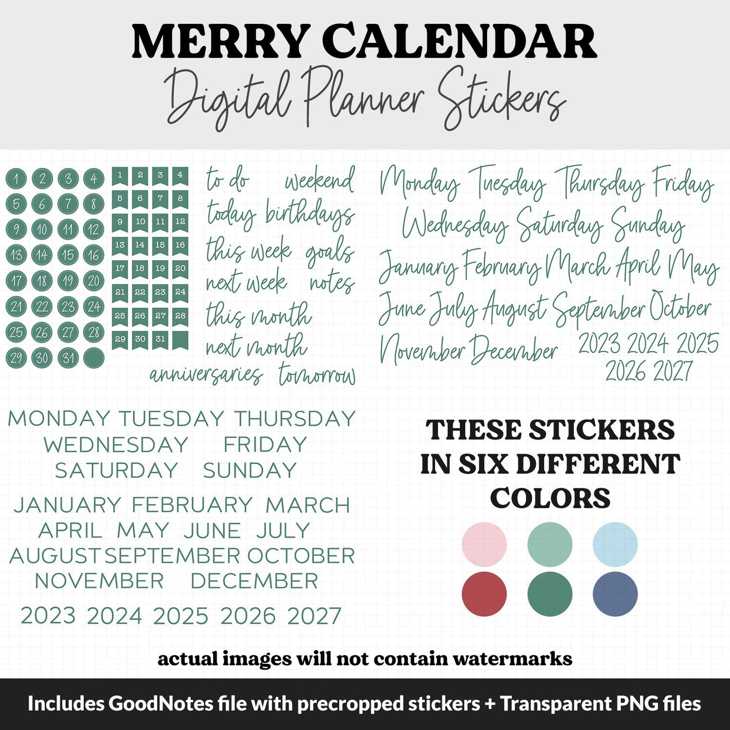 Merry Calendar Essentials Digital Planner Stickers | GoodNotes, iPad and Android | Dates, Days of the Week, Months