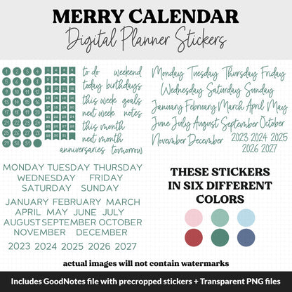 Merry Calendar Essentials Digital Planner Stickers | GoodNotes, iPad and Android | Dates, Days of the Week, Months