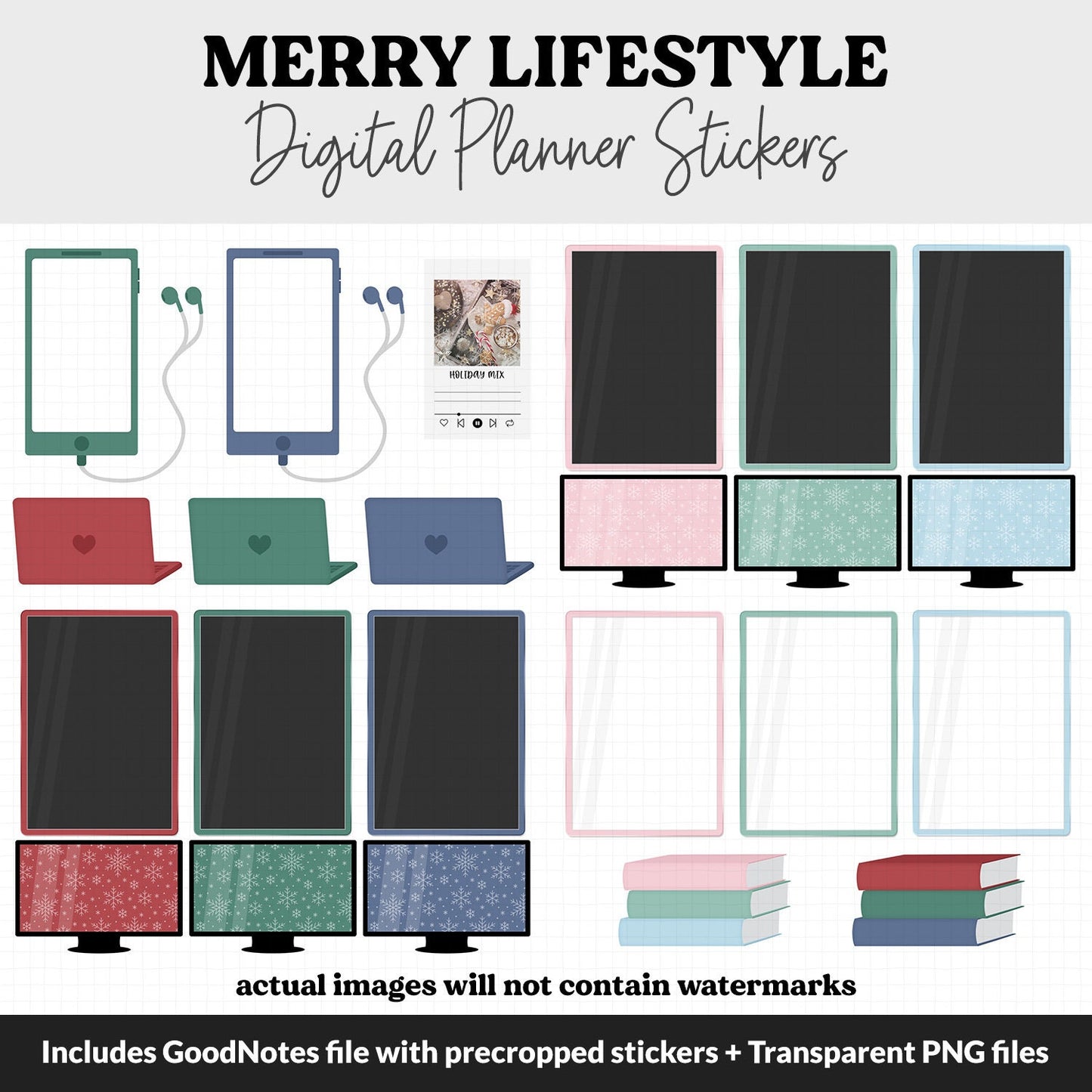 Merry Lifestyle Add-On Digital Stickers | GoodNotes & iPad | TV, Playlist, Travel, Reading, Work, Groceries