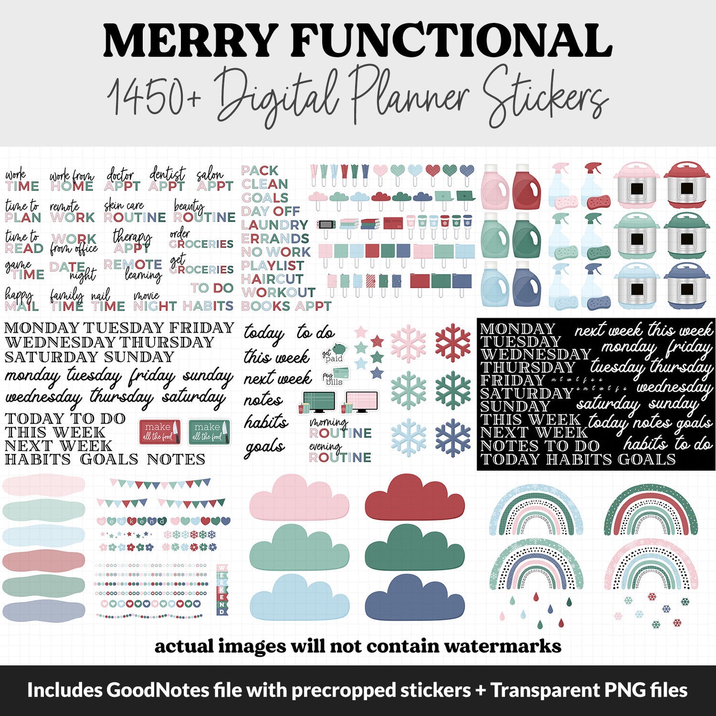 Merry Functional Digital Sticker Set | GoodNotes, iPad & Android | Papers, Sticky Notes, Chores, Work, Adulting, Tasks, Dates