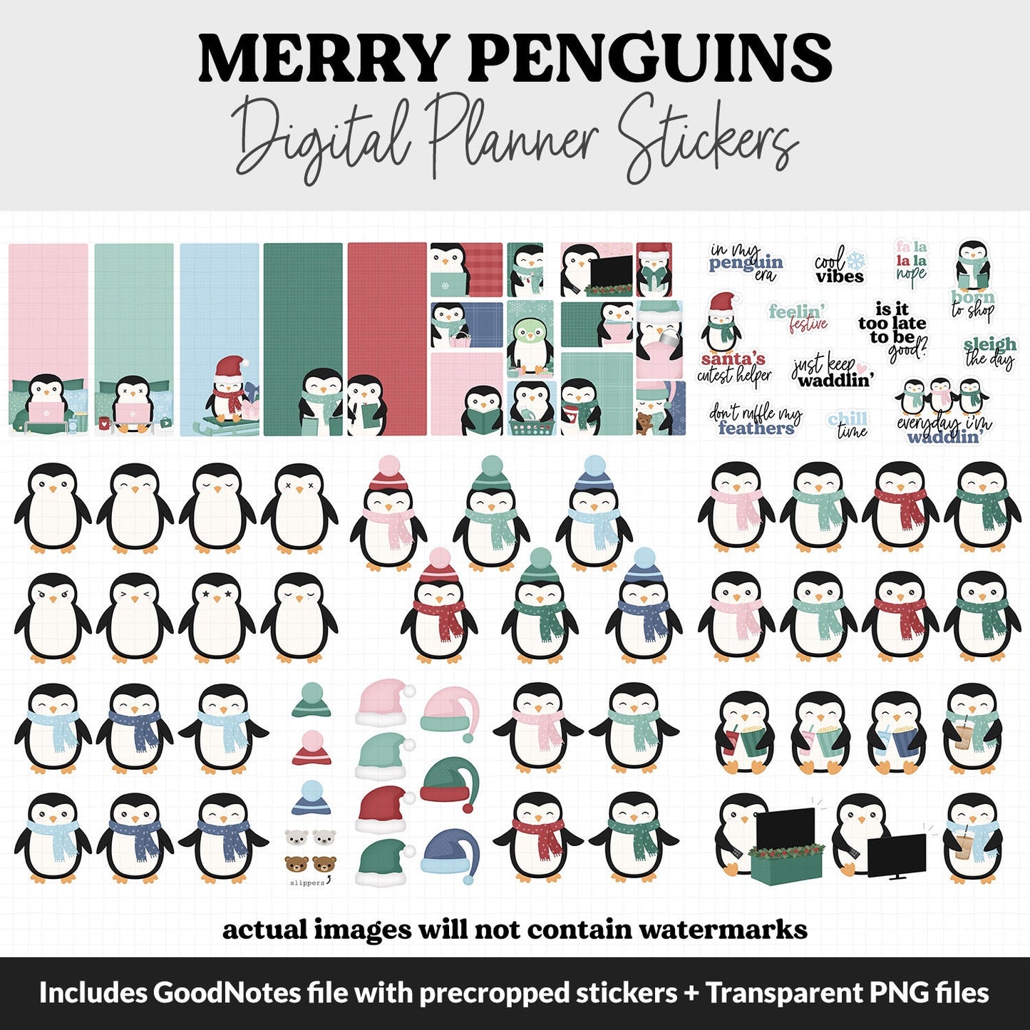 Merry Penguins Digital Planner Stickers | GoodNotes, iPad and Android | December, Christmas, Holidays, Kawaii, Activities