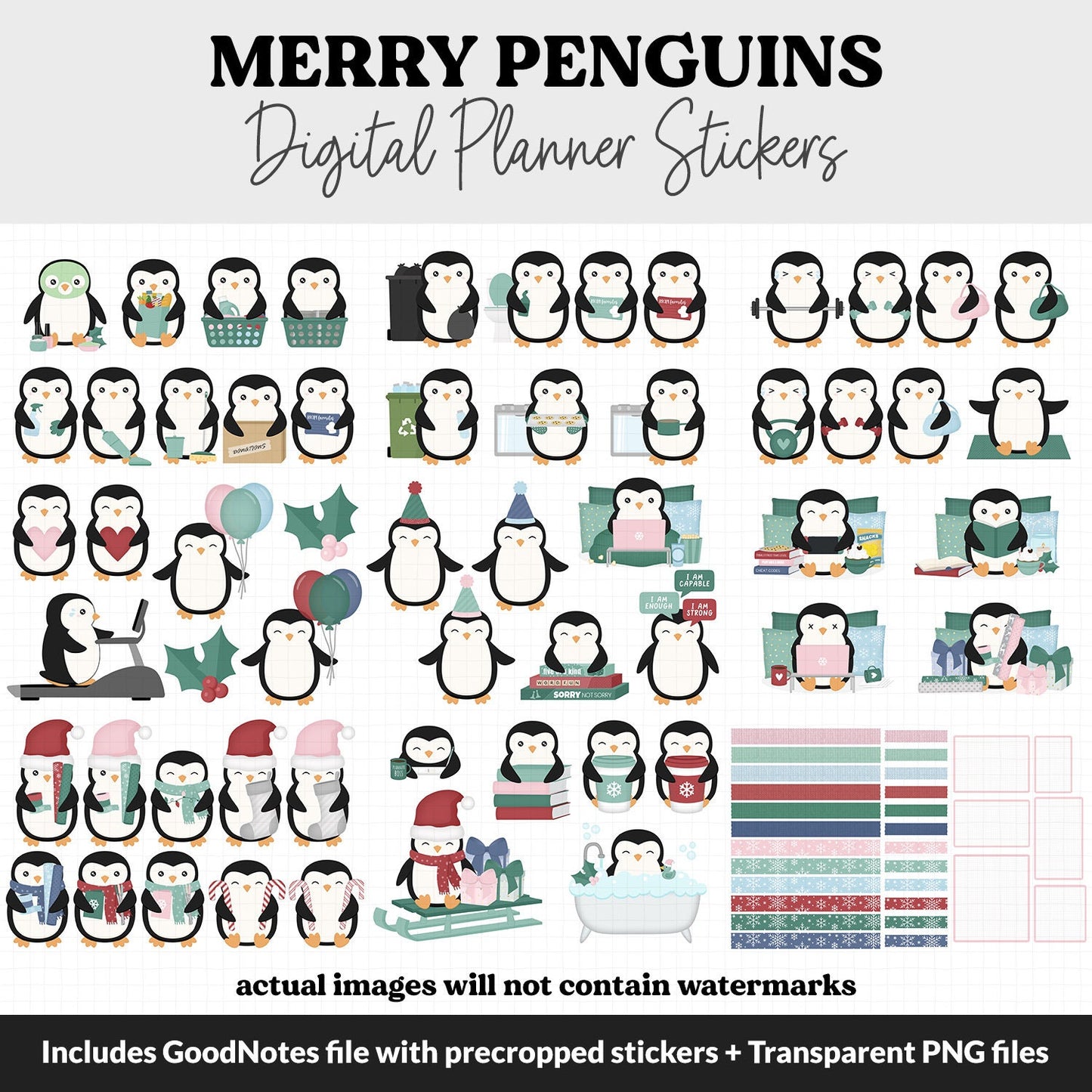 Merry Penguins Digital Planner Stickers | GoodNotes, iPad and Android | December, Christmas, Holidays, Kawaii, Activities