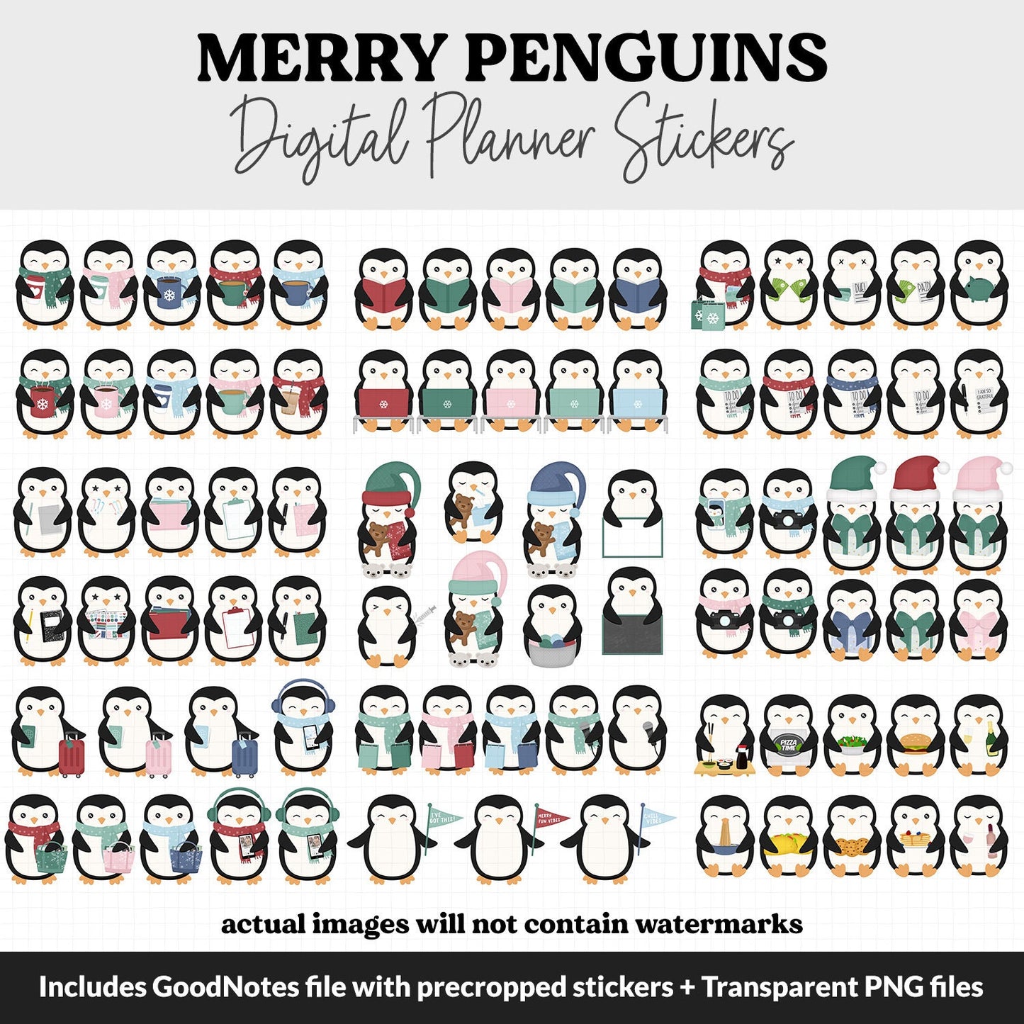 Merry Penguins Digital Planner Stickers | GoodNotes, iPad and Android | December, Christmas, Holidays, Kawaii, Activities