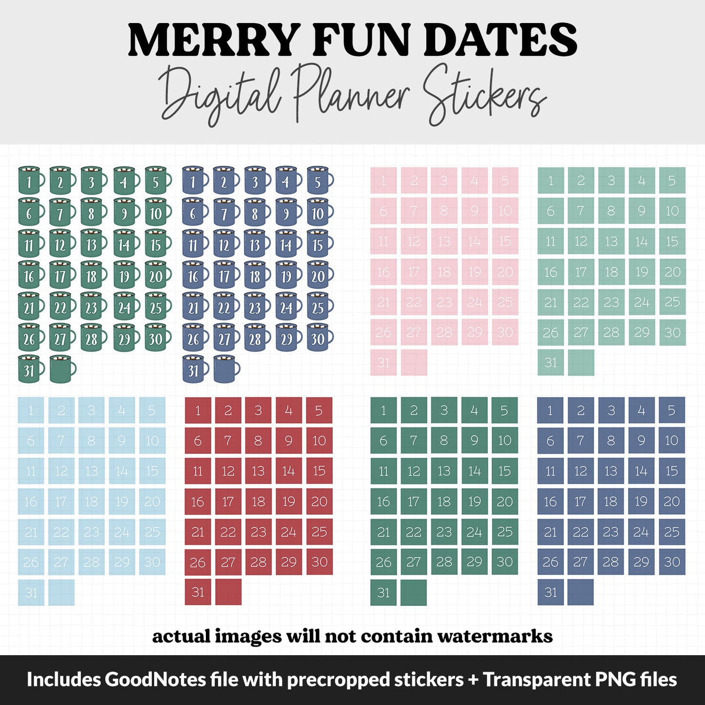 Merry Fun Calendar Date Digital Stickers | GoodNotes, iPad and Android