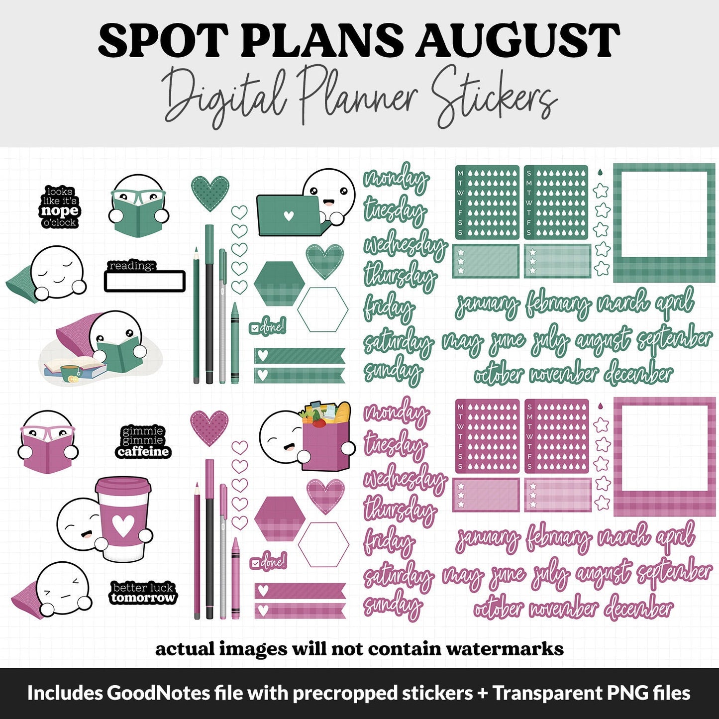 Spot Plans August Digital Stickers | GoodNotes, iPad and Android | Bliss | Sassy, Lazy Day, Adulting, Planning, Funny