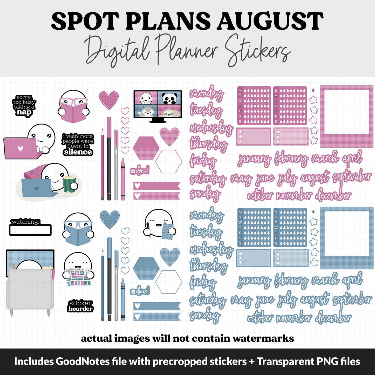 Spot Plans August Digital Stickers | GoodNotes, iPad and Android | Bliss | Sassy, Lazy Day, Adulting, Planning, Funny
