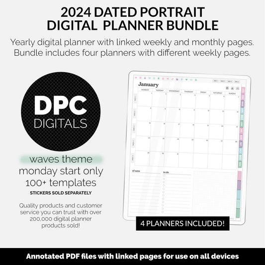 BUNDLE! 2024 Dated Portrait Digital Planner | Waves | GoodNotes, iPad & Android