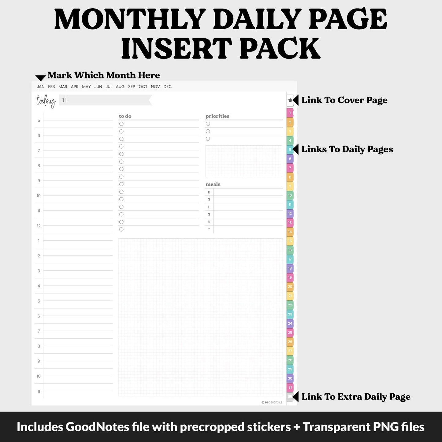 Linked Daily Portrait Digital Planner Insert | Rainbow | GoodNotes, iPad & Android