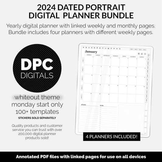 BUNDLE! 2024 Dated Portrait Digital Planner | Whiteout | GoodNotes, iPad & Android