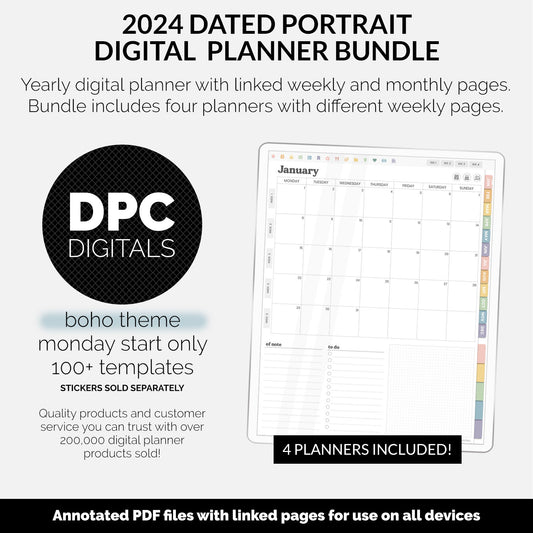 BUNDLE! 2024 Dated Portrait Digital Planner | Boho | GoodNotes, iPad & Android