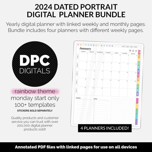 BUNDLE! 2024 Dated Portrait Digital Planner | Rainbow | GoodNotes, iPad & Android