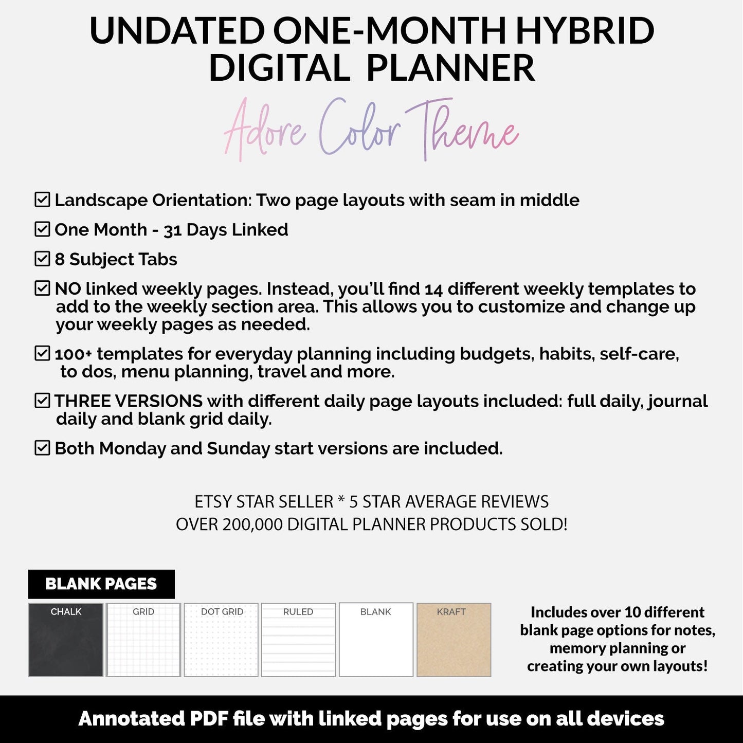 Undated Hybrid One Month Digital Planner | Adore Theme | GoodNotes, iPad & Android