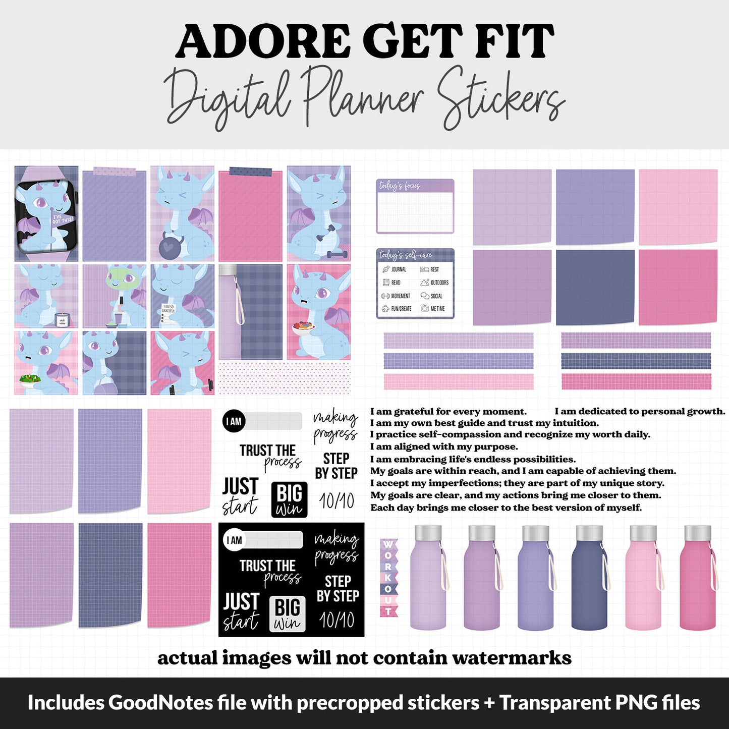 Get Fit Adore Digital Stickers | GoodNotes & iPad | Cosmo the Dragon | Fitness, Health, Self-Care, Workout