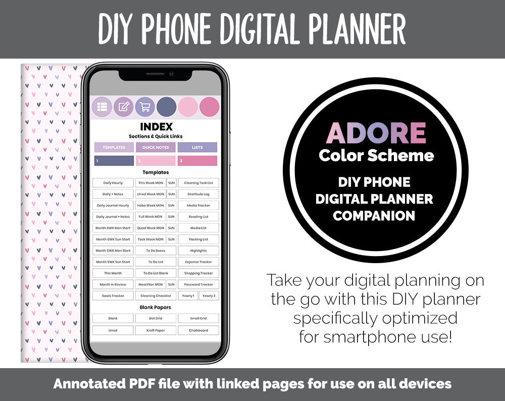 DIY Phone Digital Planner | Adore Theme | Goodnotes, iPad & Android | Hobonichi, Planner, Notebook