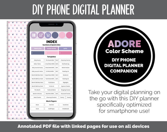 DIY Phone Digital Planner | Adore Theme | Goodnotes, iPad & Android | Hobonichi, Planner, Notebook