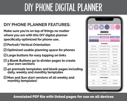 DIY Phone Digital Planner | Adore Theme | Goodnotes, iPad & Android | Hobonichi, Planner, Notebook