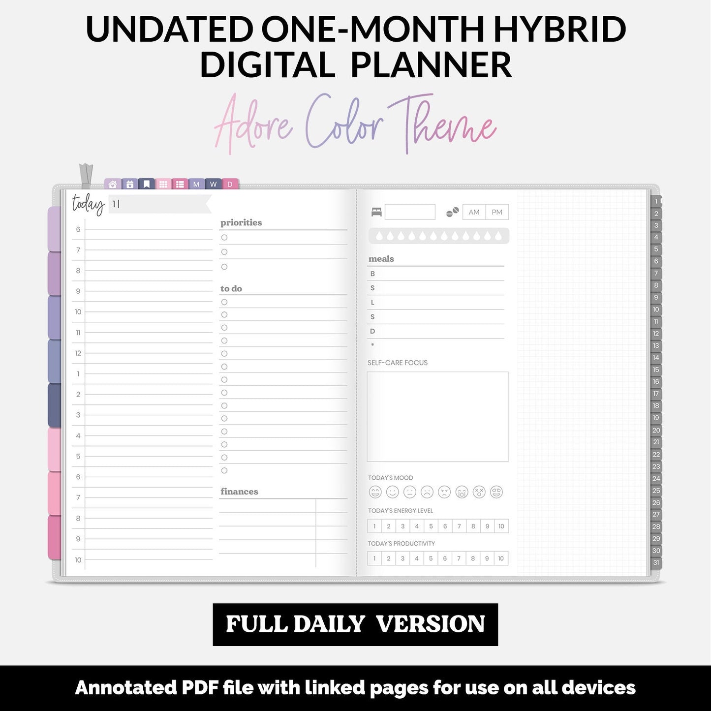 Undated Hybrid One Month Digital Planner | Adore Theme | GoodNotes, iPad & Android
